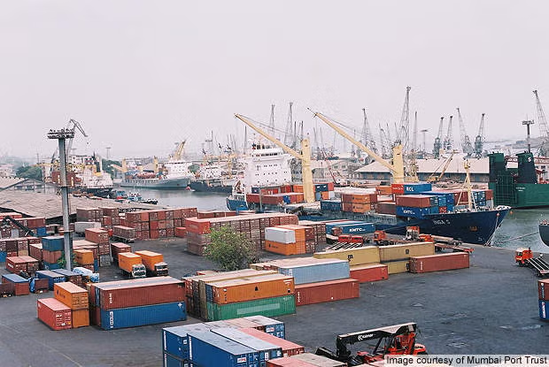 Containers stacked at an Indian port terminal